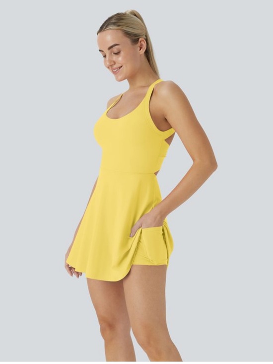 HALARA Dresses & Skirts - Halara SoftlyZero Backless Tennis Dress Goldfinch Built-In Shorts Cool Touch